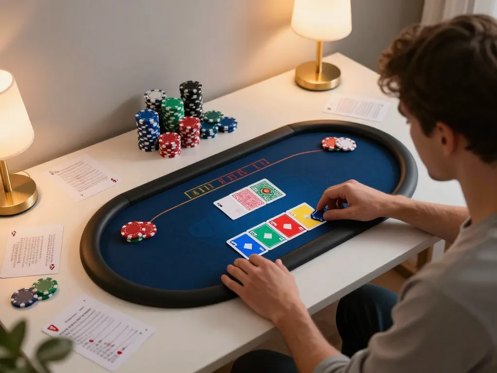 Engaging gameplay at RR88 NAVY highlights strategic poker session in a cozy home setup.