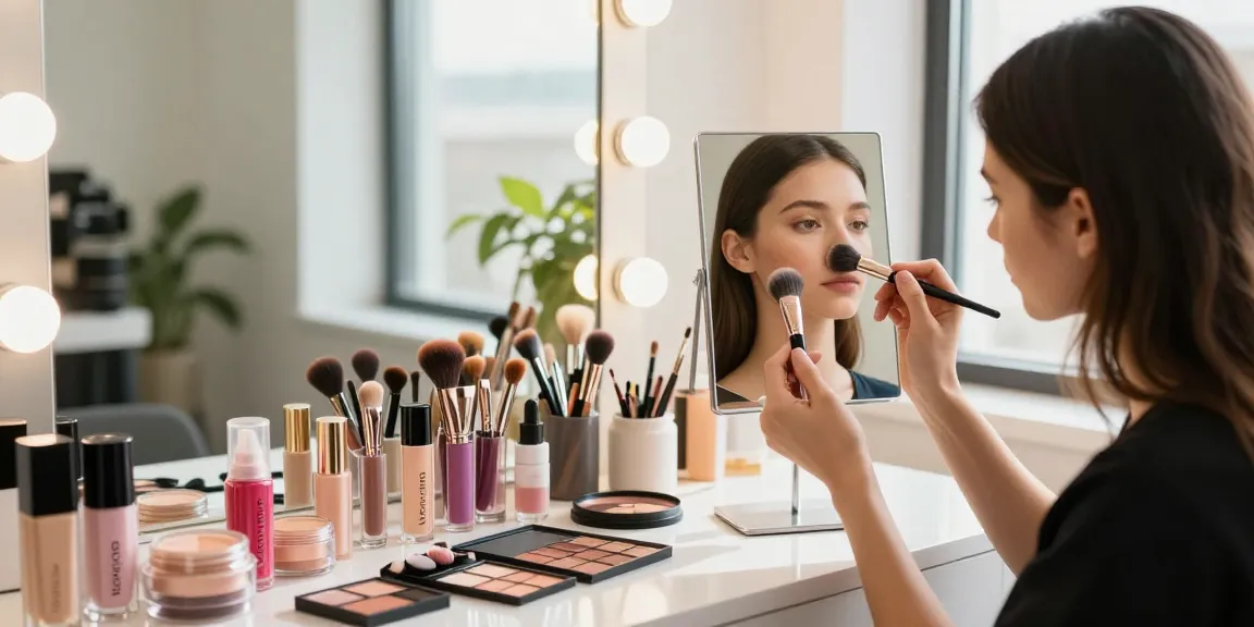 Application of a dense makeup brush for flawless beauty look in a bright studio.