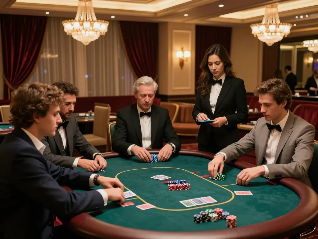 Players enjoying a thrilling game at the 789win vip poker table, showcasing an upscale casino atmosphere.
