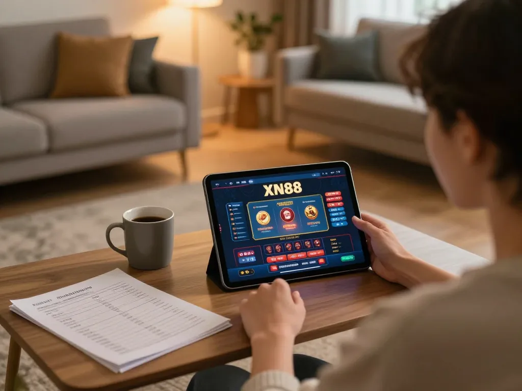 Engaged player using XN88 online casino on tablet in a cozy home setting.