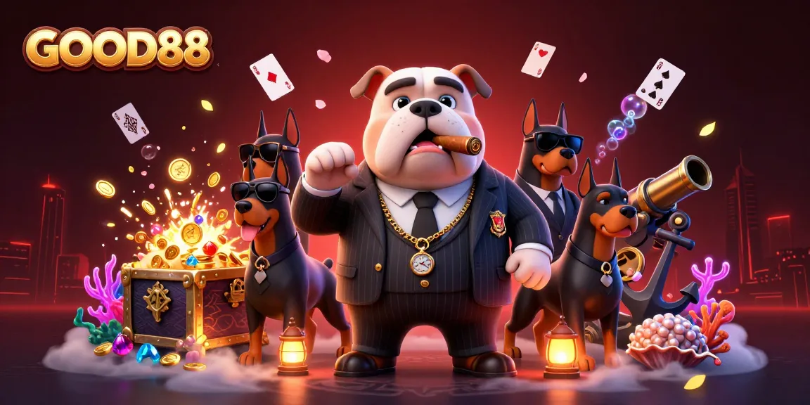 Experience thrilling action at GOOD88 with a dynamic casino scene featuring a bulldog boss and vibrant gaming elements.