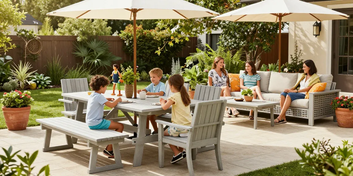 Durable outdoor furniture displayed in a vibrant family garden scene, highlighting a dining set and picnic table.