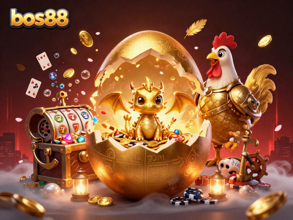 Gambarkan bos88 saat bermain slot dengan beragam simbol keberuntungan dan koin emas melimpah.