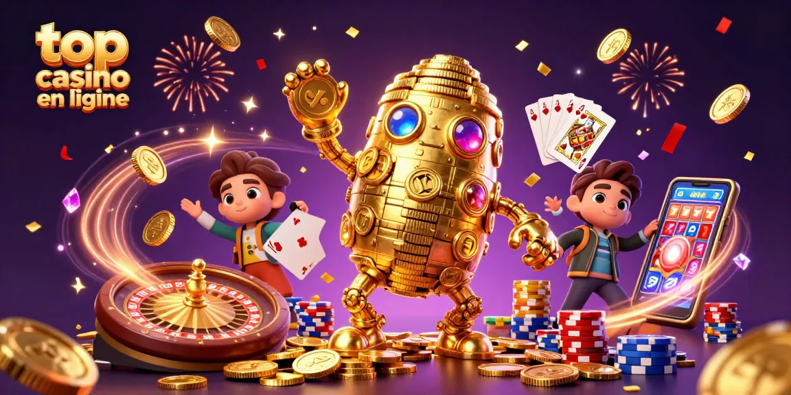 Le golem doré interactif des casinos, représentant le top casino en ligne, entouré de jeux et de pièces d'or.