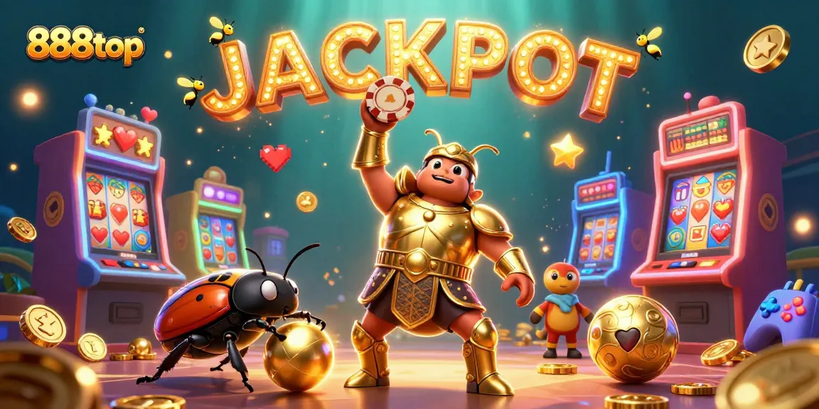 Spin the slots with 888top showcasing vibrant 3D gaming elements and a fun victory scene.