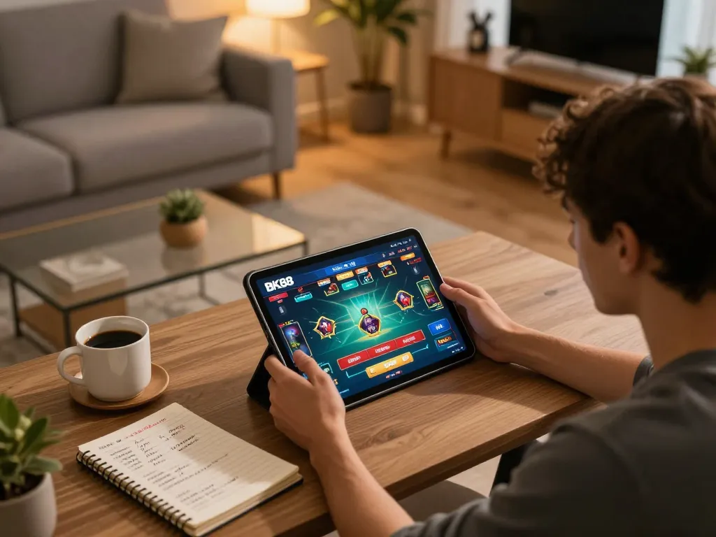 Engaged individual gaming on BK88 tablet with strategic notes in cozy home setup.