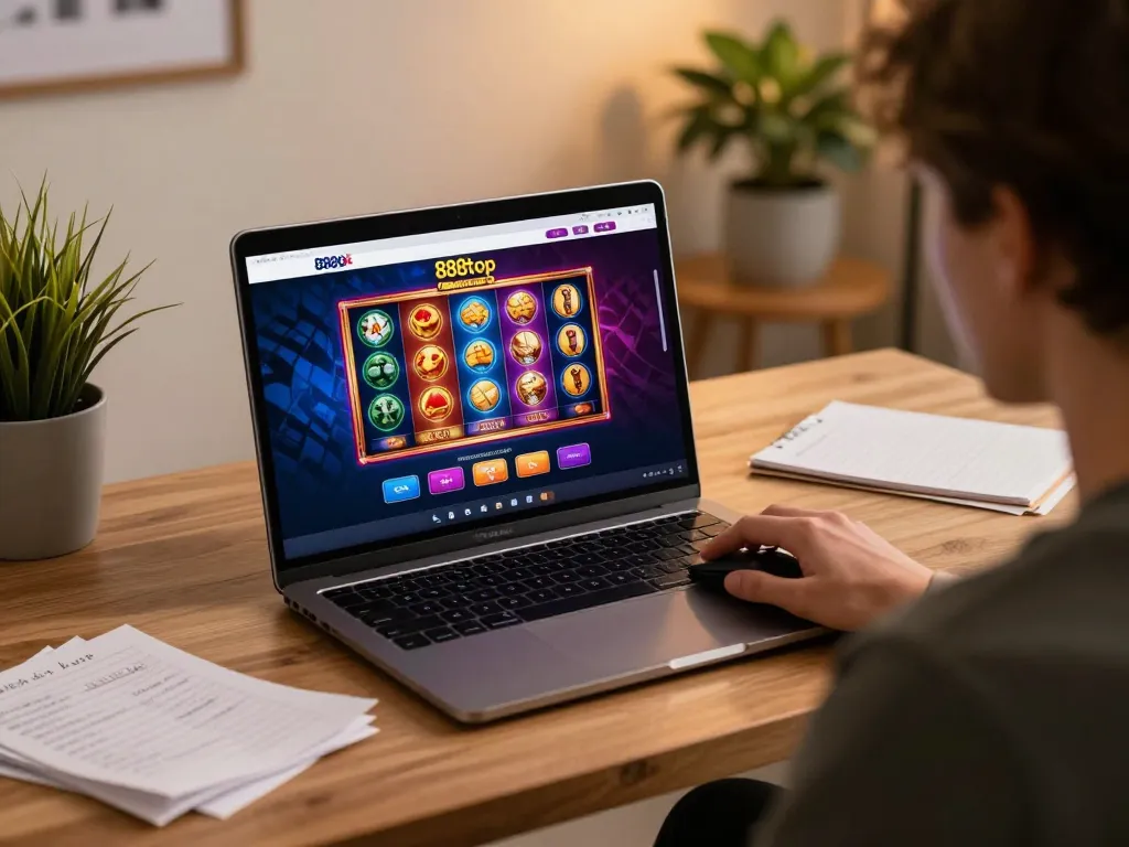 Engaged player navigating 888top casino gaming platform from a cozy home office with strategic notes