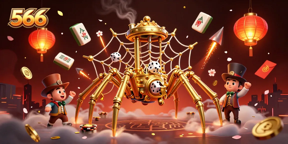 Engage with 566's dynamic world, featuring a steampunk spider and game elements in a vibrant casino illustration.