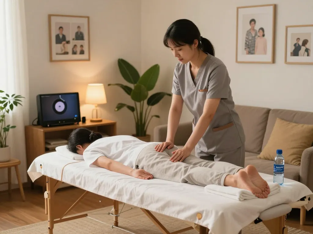 출장안마 service setup in a cozy living room showing professional massage therapist, serene atmosphere, and relaxation essentials.