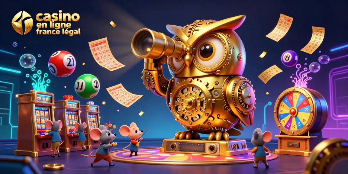 Jouez sur des plateformes de casino en ligne France légal avec un hibou mécanique et des souris entre les machines à sous.