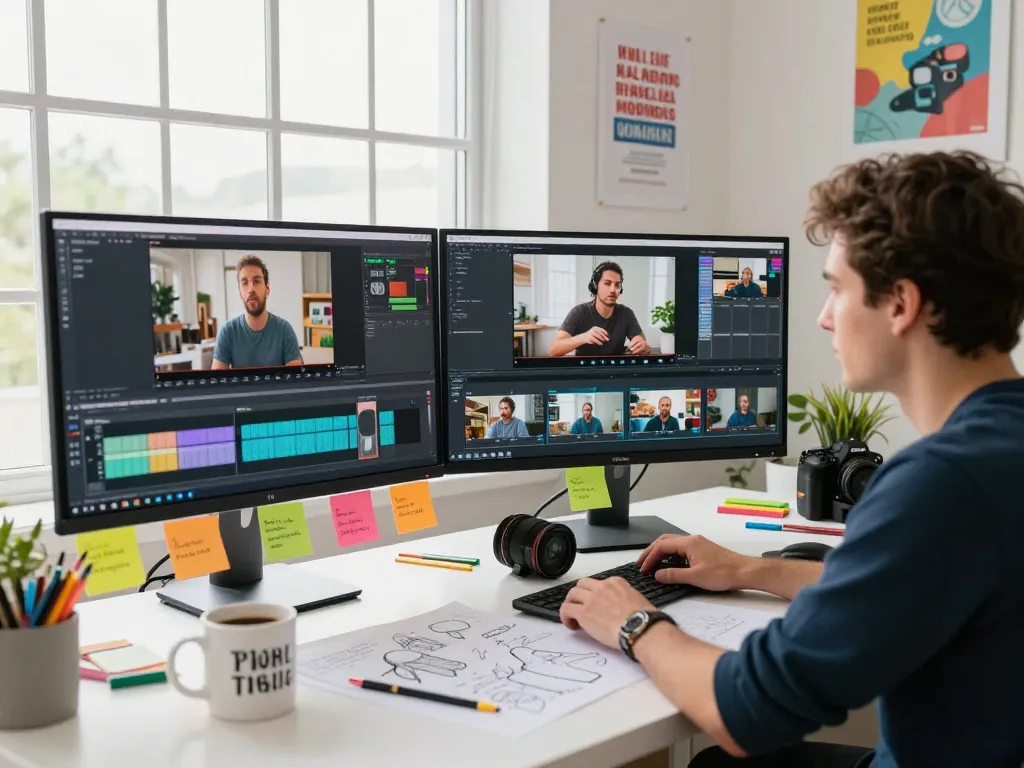 Generated video to prompt analysis in a vibrant creative workspace with multiple monitors and notes.