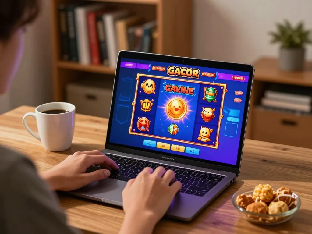 A player engaging with slot gacor games on a laptop in a cozy home setup, showcasing excitement and strategy.