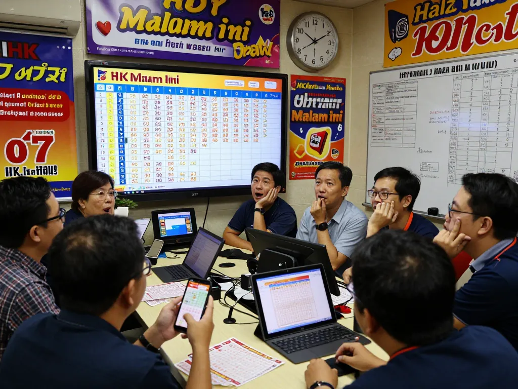 Group of excited lottery players checking HK Malam Ini results in a vibrant lottery office.
