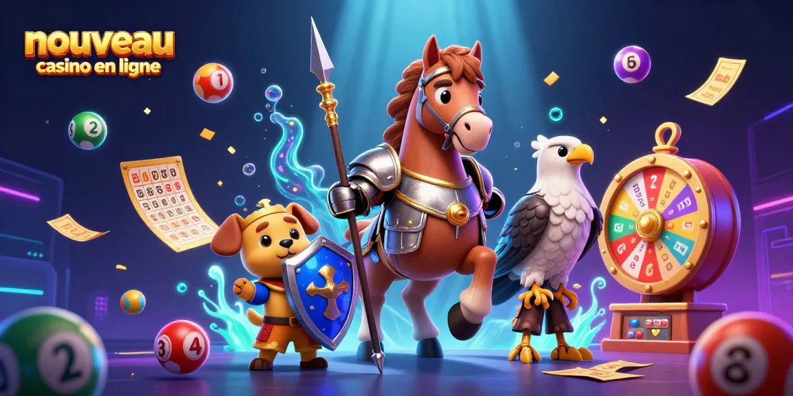 Découvrez les jeux au nouveau casino en ligne avec un chevalier, un chiot et un hibou parmi des ballons de loto colorés.