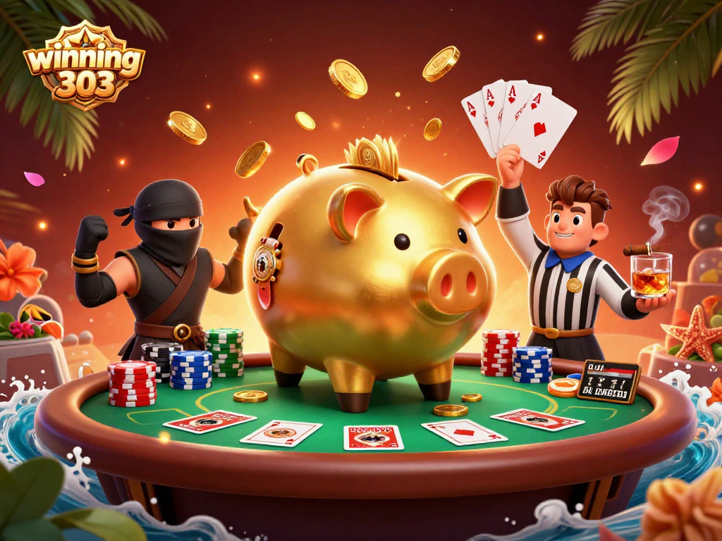 Winning303 showcases a vibrant 3D casino scene with dynamic characters and poker elements.