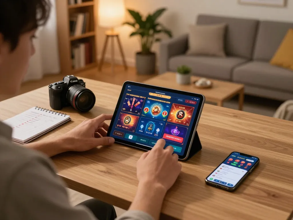 Person engaging in vip win mobile gaming on tablet, showcasing strategic gameplay and cozy atmosphere.