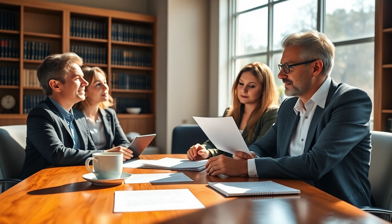 Engaged clients consulting about Family Law Financial Agreements in a professional office setting.
