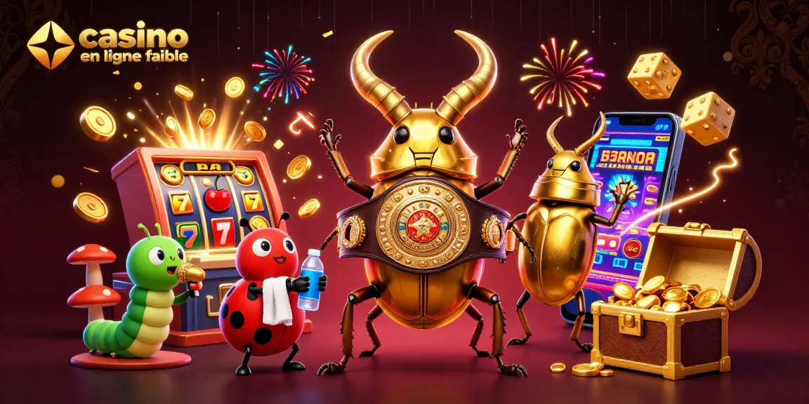 Casino en ligne fiable avec un scarabée géant et un coin de coccinelle, entouré de machines à sous et de lumières.