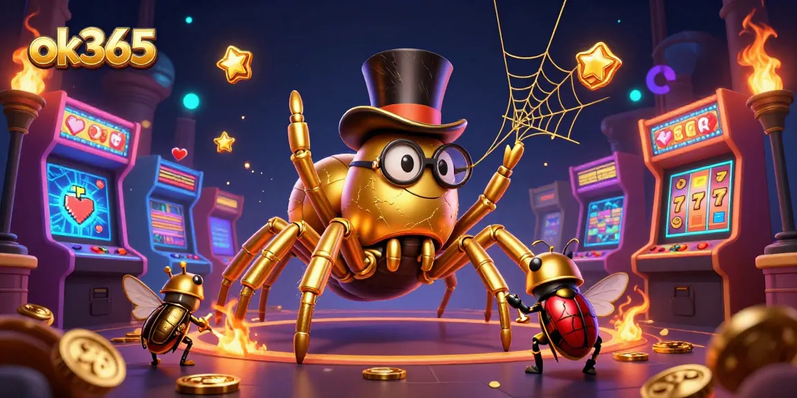 Engage in exciting slot action at ok365 with a golden tarantula and knight battling casino elements in a vibrant atmosphere.