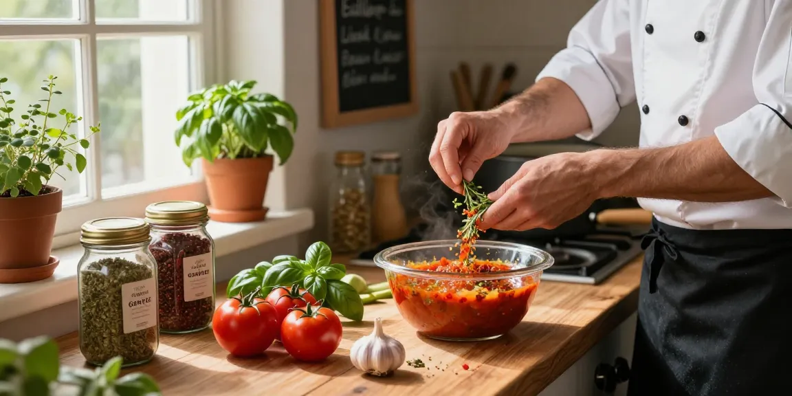 Chef, der Gewürze mit frischen Zutaten in einer rustikalen Küche mischt.