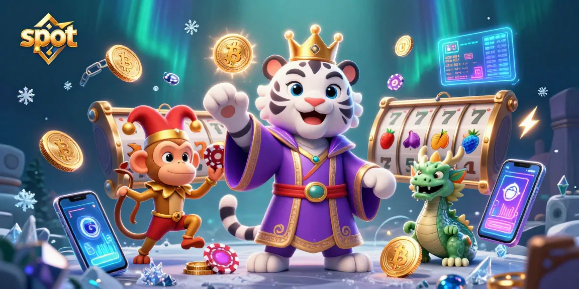 Spin exciting slot reels with a tiger, monkey, and dragon in a vibrant casino scene.