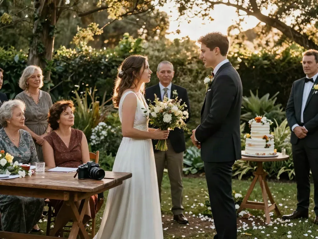 Couple exchanging vows in garden, moments captured by documentary wedding photographer in Dunedin.