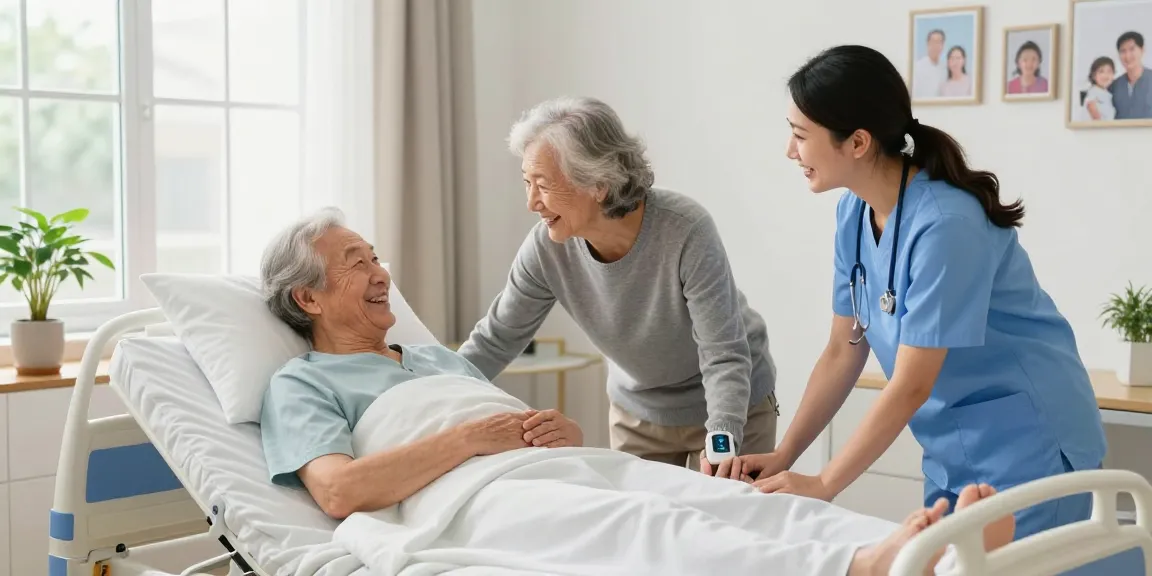 Electric nursing bed recommendation: caregiver adjusting the bed for an elderly person in a bright home healthcare setting.