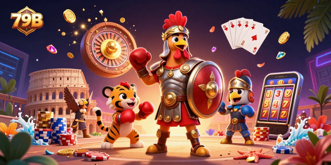 Experience thrilling gaming moments at 79B with our gladiator rooster amidst casino excitement.