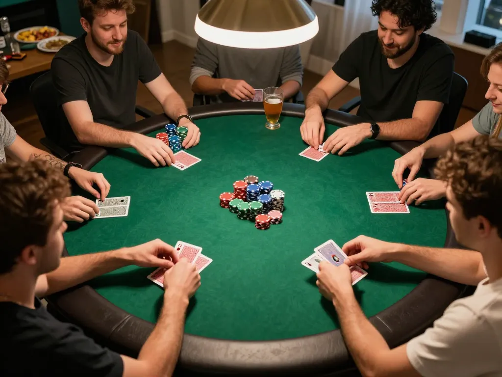 Players strategizing in a lively home poker game, focusing on gojekpot chips and cards, capturing the social excitement.