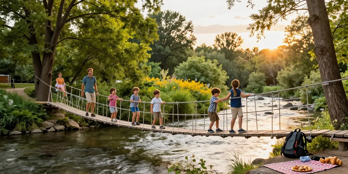 Family crossing a river rope bridge surrounded by nature, capturing joyful exploration moments.