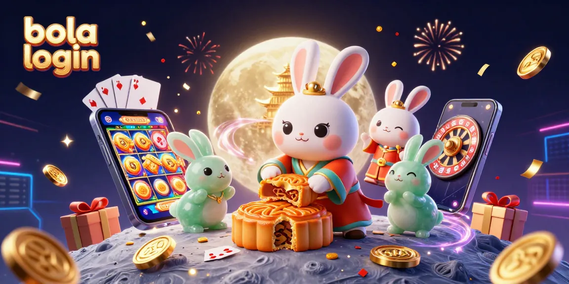 Join the fun of bola login with a 3D illustration of a moon rabbit and a jade companion surrounded by gaming elements.