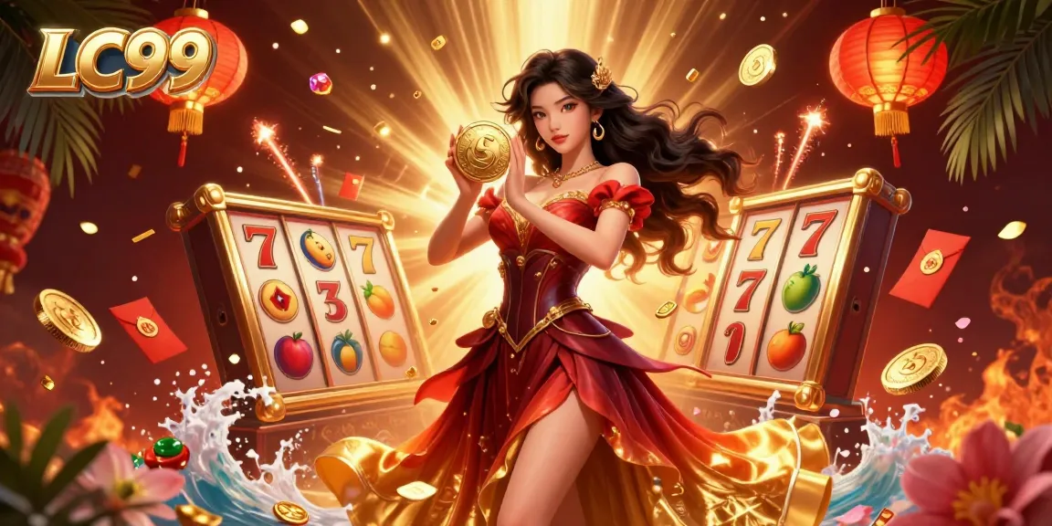 Experience the thrill of LC99 with stunning visuals of a captivating Asian woman celebrating with golden coins and vibrant casino elements.