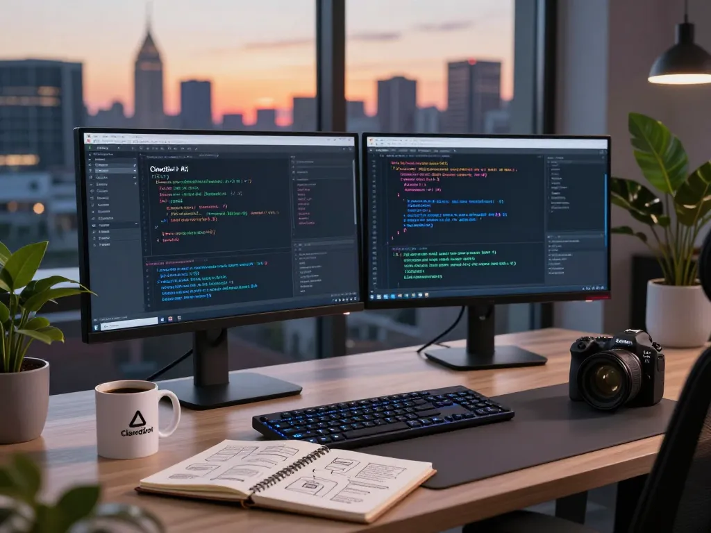 Developer using ClawdBot AI in a modern tech workspace with dual monitors and city skyline view.