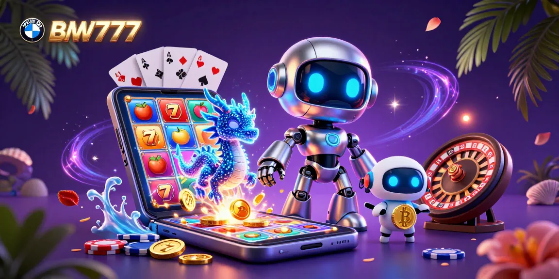 Spin to win big with BMW777, a vibrant 3D digital casino scene featuring animated characters and games.
