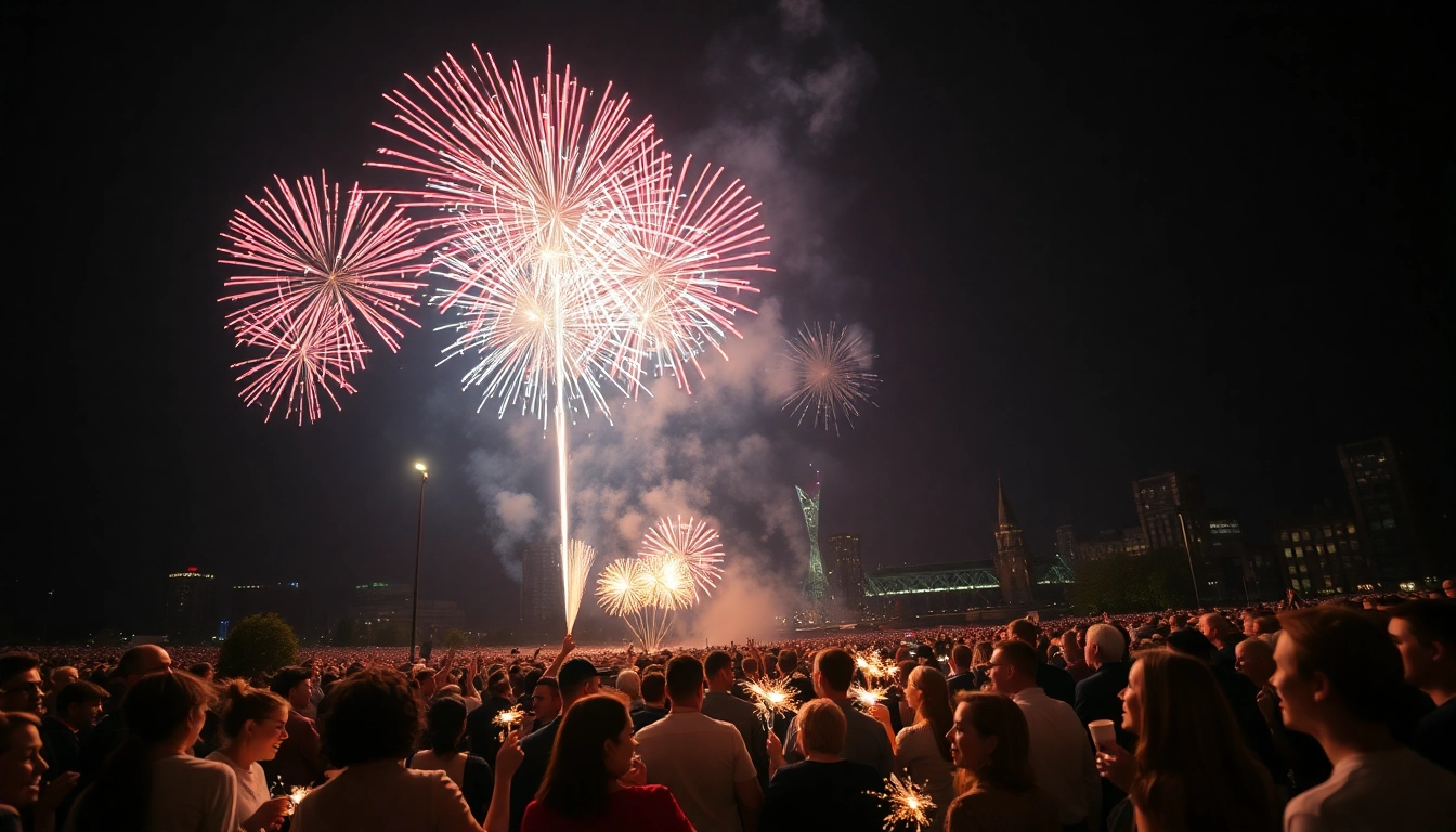 Witness the dazzling manchester fireworks illuminating the night sky, enjoyed by a vibrant crowd. related image