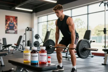 Powerful athlete preparing for a lift surrounded by Pharmaqo Shop products in a vibrant gym.