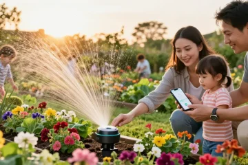 Family using the rainpoint sprinkler timer in their vibrant garden, enjoying effective watering.