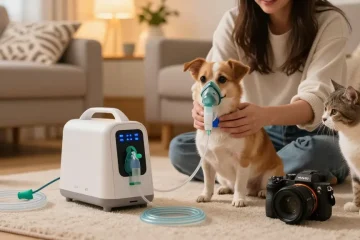 Pet Oxygen therapy session for a dog at home with loving owner.